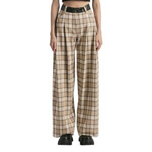 $275 Kijun Pants Women's Size Small Wide Leg Flannel Trouser Plaid Check Beige